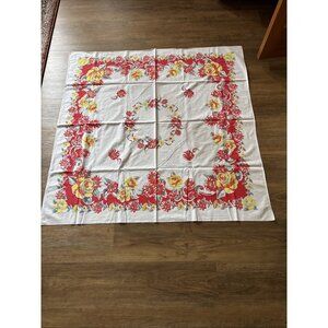 Vintage Red & Yellow Floral Tablecloth Square Size 45 X 45